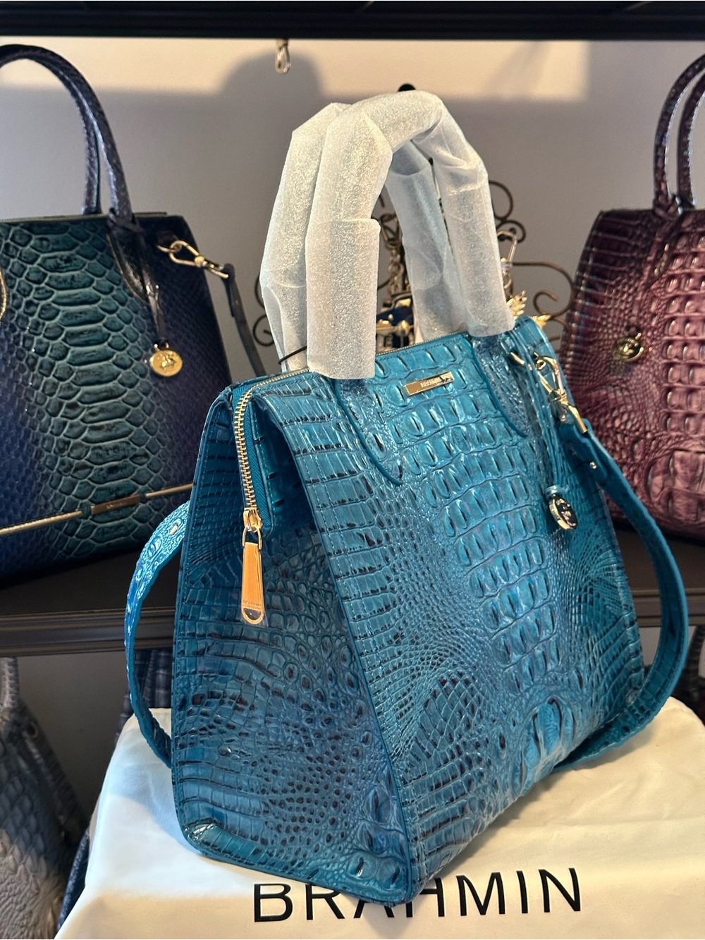❄️ Brahmin Vibrant Azure Large Caroline Teal Leather Tote with Gold Accents